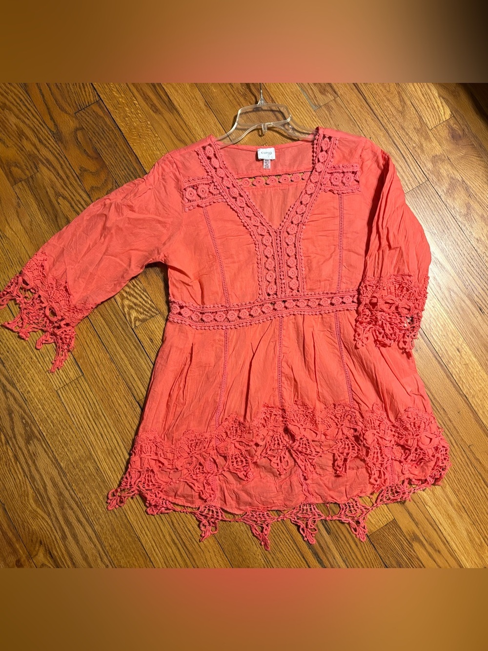 Cupio Coral Crochet-Trim Tunic Blouse